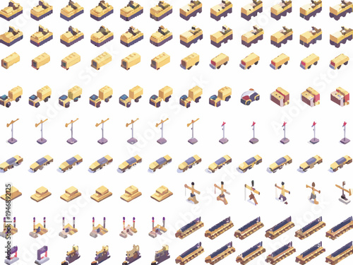 Isometric construction vehicles cranes and railway elements in a geometric style