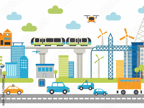 Modern city landscape featuring transportation energy and architectural elements