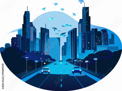 A futuristic cityscape with flying vehicles and wireless connection symbols