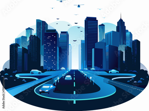 Stylized cityscape illustration featuring a highway and flying vehicles