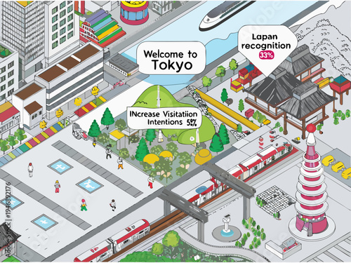 Isometric illustration welcomes visitors to tokyo japan with vibrant city details