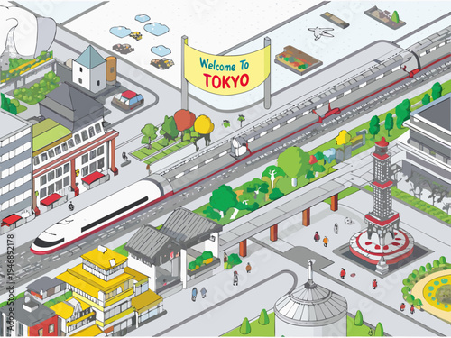 Isometric illustration of tokyo city with a welcoming sign and transport