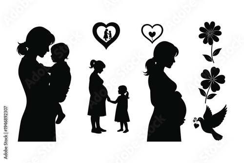 Silhouette of a family with mother father and children with love and nature symbols