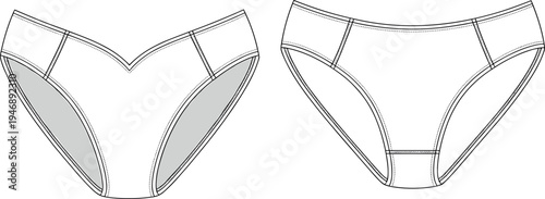 Technical Flat Sketch of Women's V-Front Panty Lingerie Briefs with Front and Back Views for Fashion Design Apparel Manufacturing and CAD MockupsArt & Illustration