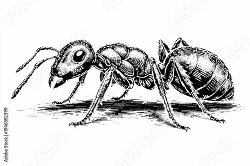 Detailed Black and White Woodcut Style Illustration of a Worker Ant