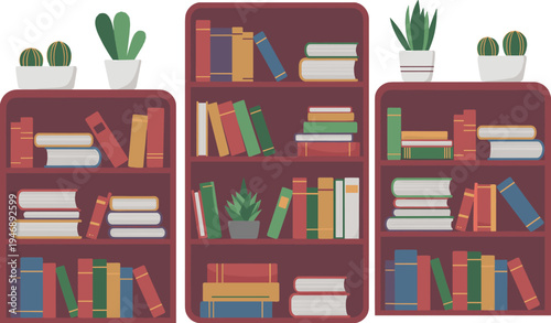 Three red bookshelves with books and potted plants on and shelves cacti