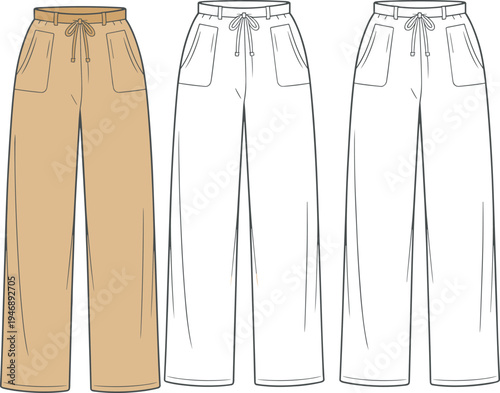 Technical Flat Sketch Vector of Women's Wide Leg Lounge Pants with Drawstring Waist and Patch Pockets for Fashion Design Tech Pack Template (23 words)Art & Illustration