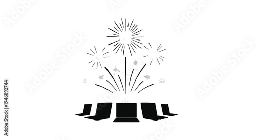 Fireworks exploding over a row of shoes