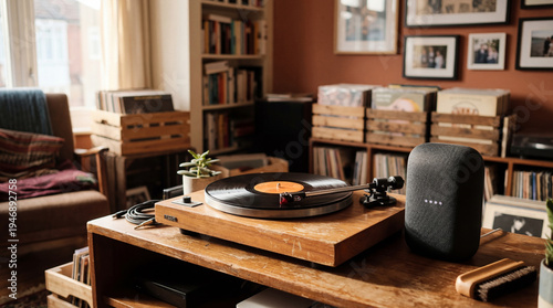 Vintage vinyl records and a modern speaker in a cozy living room, creating a blend of old and new music experiences.