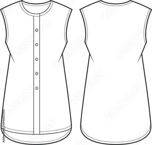 Technical Vector Flat Sketch of Women's Sleeveless Button Down Tunic Shirt with Band Collar and Curved Hem for Fashion Apparel Design Template Illustration