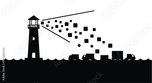 lighthouse beam shining digital data squares