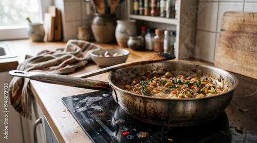 Sizzling pan filled with de...