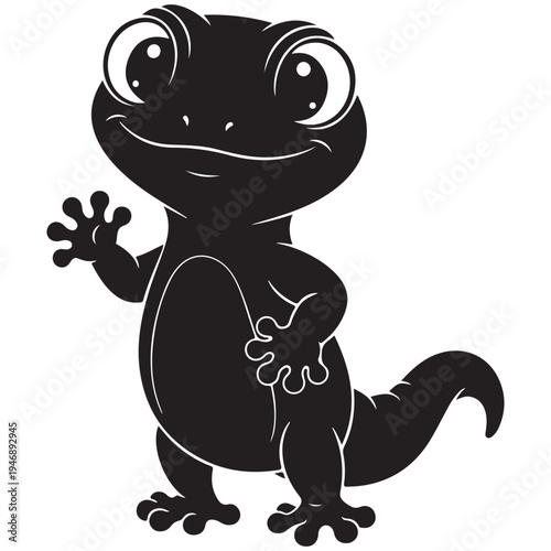 Cute Cartoon Gecko Character Smiling and Waving Black Silhouette