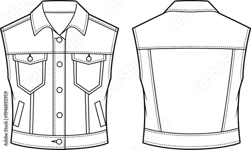 Technical Vector Flat Sketch of Women's Sleeveless Denim Jacket Vest with Button Front Chest Flap Pockets and Panel Details for Fashion Apparel Design Template