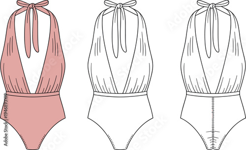Art & IllustrationTechnical Vector Illustration of a Women's Halter Neck One Piece Swimsuit with Deep V-Neckline, Ruched Bodice, Back Scrunched Detail, and Front-Back Flat Sketches