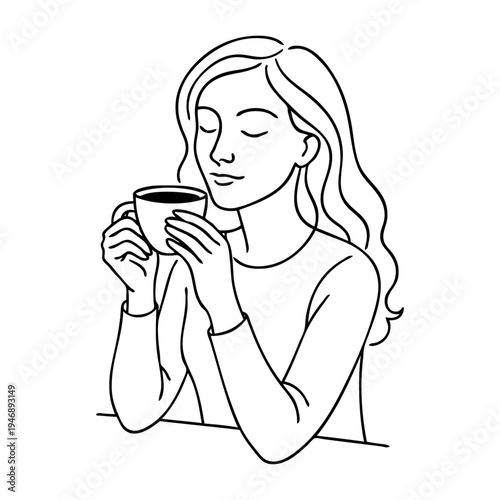 Dibujo sencillo con líneas de una mujer con ropa informal sujetando una taza de café con ambas manos, sentada apoyada en una mesa 