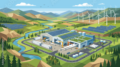 This illustration depicts a vibrant green energy landscape featuring wind turbines, solar panel farms, and a factory producing wind turbine components, showcasing sustainable industry.