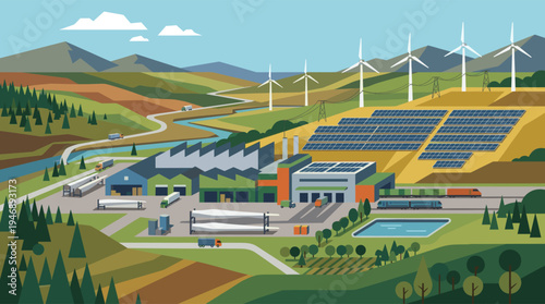 A stylized illustration depicts a modern industrial area integrated with sustainable energy solutions including wind turbines and solar panels, set against rolling hills and mountains under.