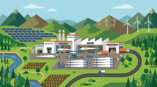 An illustration depicts a modern factory producing wind turbine blades alongside solar panels, representing sustainable energy generation in a natural landscape.