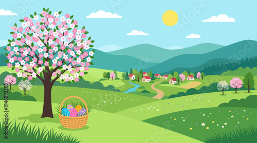 A vibrant, flat illustration depicts a picturesque spring scene with rolling green hills, a small village, blooming cherry trees, and a basket filled with colorful Easter eggs.