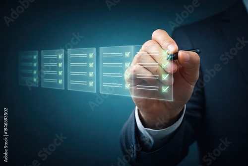 Compliance checklist on laptop screen business professional reviewing regulatory requirements and digital audit process