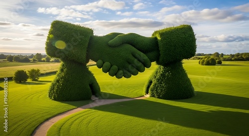 Topiary Handshake Sculpture in Serene Green Landscape on Sunny Day