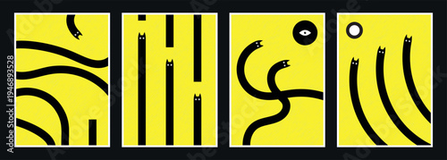 Surreal Black Cats on Yellow Abstract Poster Set. Watching Surreal Cats Abstract Yellow Posters