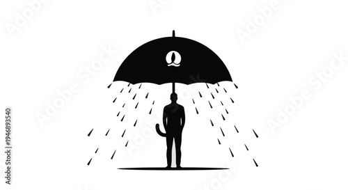 man holding umbrella with euro symbol on rainy day
