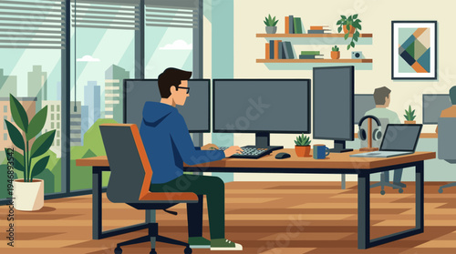 A person wearing glasses and a blue hoodie works diligently at a desk with dual monitors in a modern office, with a cityscape visible through the large window.