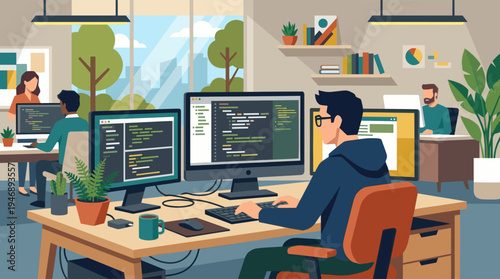 A diverse group of people are programming and working in a bright, modern office with large windows and plants, creating a collaborative and productive atmosphere.