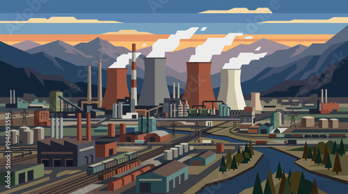 A stylized, flat illustration of a sprawling industrial complex with towering smokestacks and factories, set against a backdrop of mountains and a dramatic sunset sky.