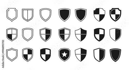 Collection of various black and white shield icons, security and protection symbols, isolated white background.
