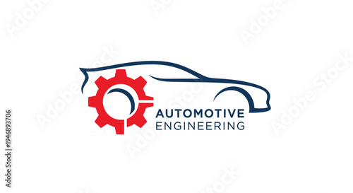 Automotive Engineering Concept Logo with Car Outline and Red Gear Wheel on Isolated White Background