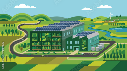 A modern building with solar panels and vertical gardens is situated in a lush green landscape with rolling hills, a winding road, and a river, embodying eco-friendly concepts.
