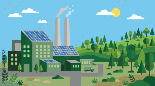 Flat design illustration of a green industrial building complex with solar panels and trees in a natural landscape under a blue sky.
