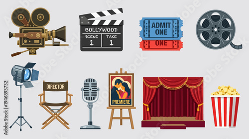 Cinema and Bollywood Movie Production Outline Icon Set