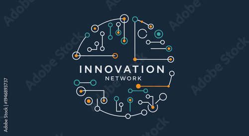 Innovation Network Concept with Abstract Circuit Lines and Dots on Dark Blue Background