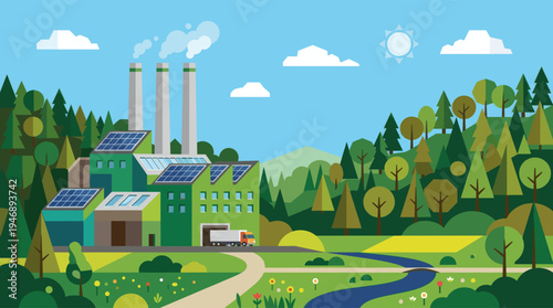 A stylized illustration depicts a green factory with solar panels and smokestacks set against a vibrant natural landscape of trees, hills, and a river under a clear sky with a sun.