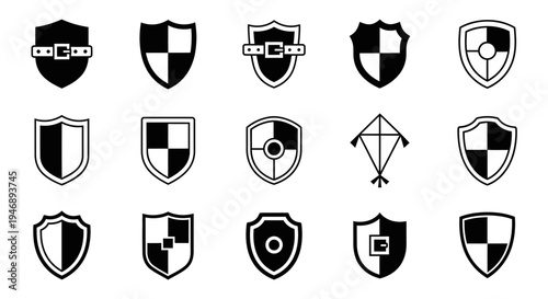 Collection of Black and White Shield Security Icons with Diverse Patterns on Light Studio Background