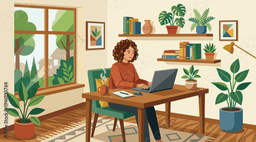 A woman works on her laptop at a wooden desk in a cozy home office filled with plants and natural light streaming through a large window.