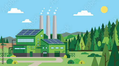 A clean, modern factory with solar panels on the roof and smoke stacks stands in a lush green landscape under a bright sun and blue sky.