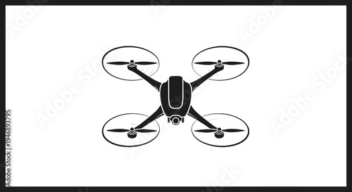 Black Filled Drone Icon with Four Propellers on Isolated White Background