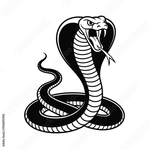 A menacing black and white illustration of a striking cobra snake, displaying its flared hood and coiled body, representing danger.