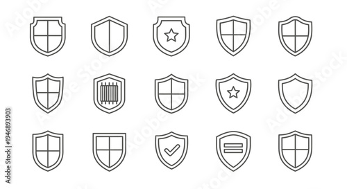 Collection of Various Outline Shield Icons for Security and Protection, isolated white background.