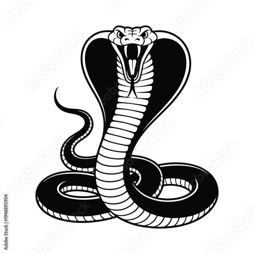 A striking black and white illustration of a venomous cobra snake with its hood flared, symbolizing danger and power.