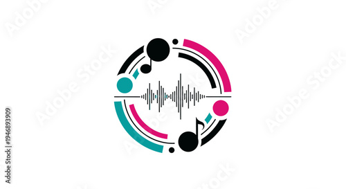 Abstract audio waveform with musical notes and geometric shapes in a vibrant teal, pink, and black circular design, isolated white background.