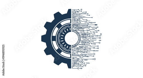 Dark blue gear icon merging with an intricate circuit board pattern, symbolizing engineering and technology, isolated white background.
