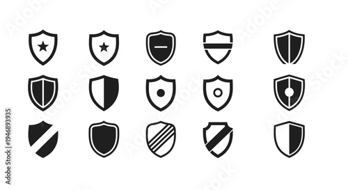 Collection of Various Shield Icons in Solid Black Style, isolated white background.