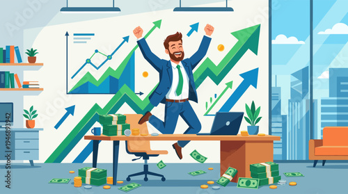 A joyful businessman in a suit jumps in his office, surrounded by stacks of money and rising stock graphs, symbolizing financial achievement and prosperity.