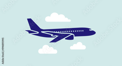 Dark blue passenger airplane flying across a calm light blue sky with white clouds, depicting air travel.